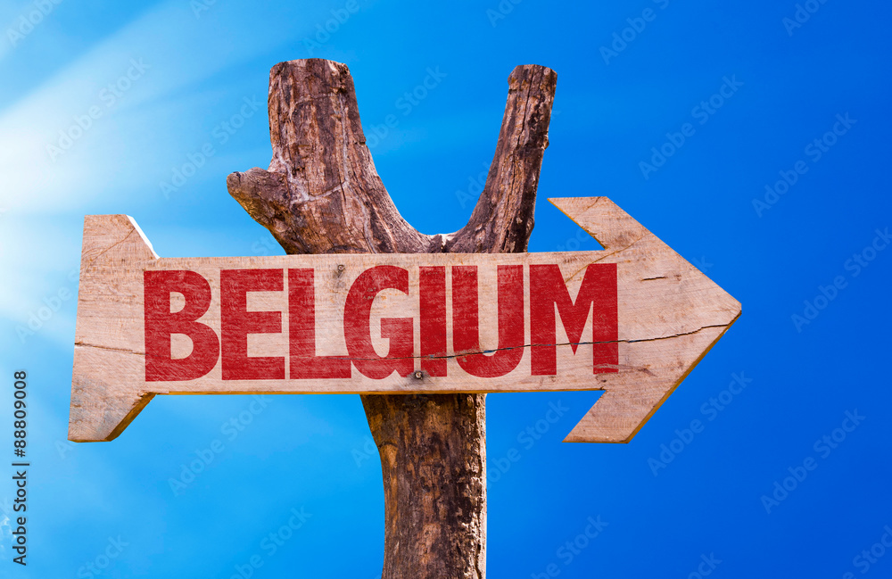 Belgium wooden sign with sky background