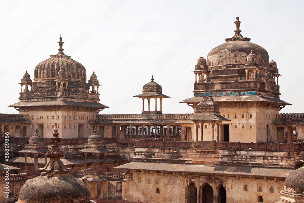 Skyline of the 16th century Jehangir complex at Orchha, (meaning Hidden Place), capital of the ancient Rajput kingdom