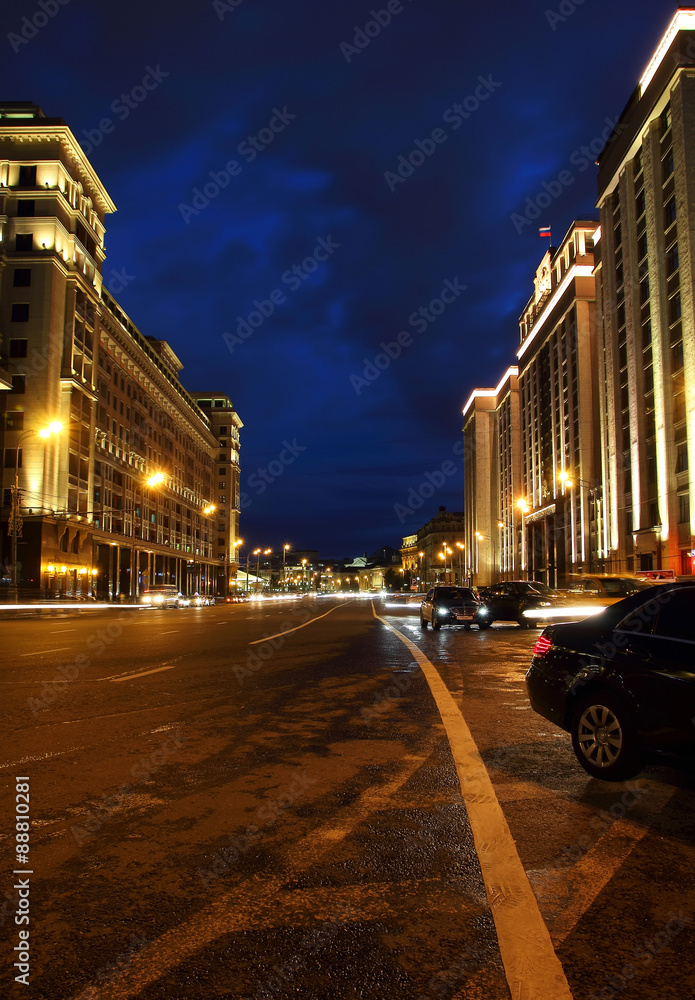 July 11, 2015, Moscow, Russia,View of the night, and the road car, standing along the road..