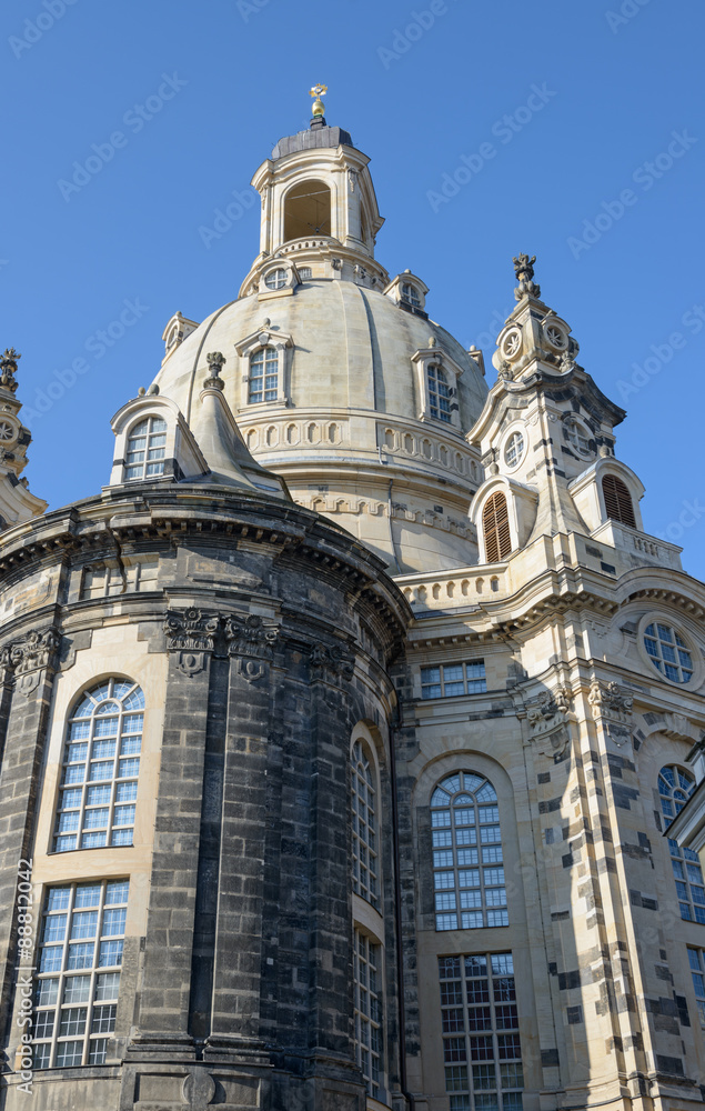 Frauenkirche on background of bright blue sky, Dresden, Saxony,