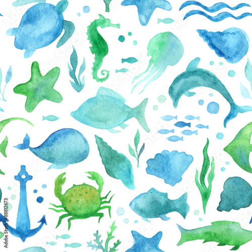 Seamless watercolor sea life pattern.