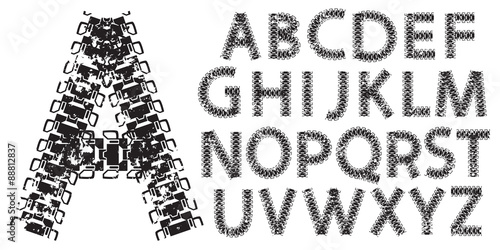 Vector alphabet letters made from tank and tractor tracks, isolated on white