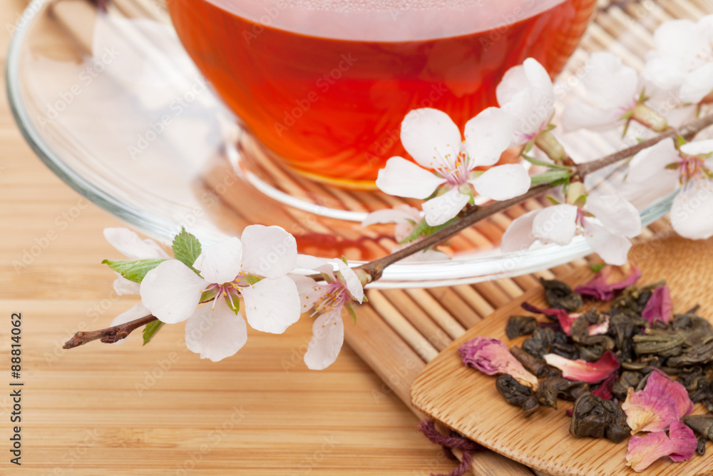 Japanese green tea and sakura branch over mat Japanese green tea and sakura branch over mat
