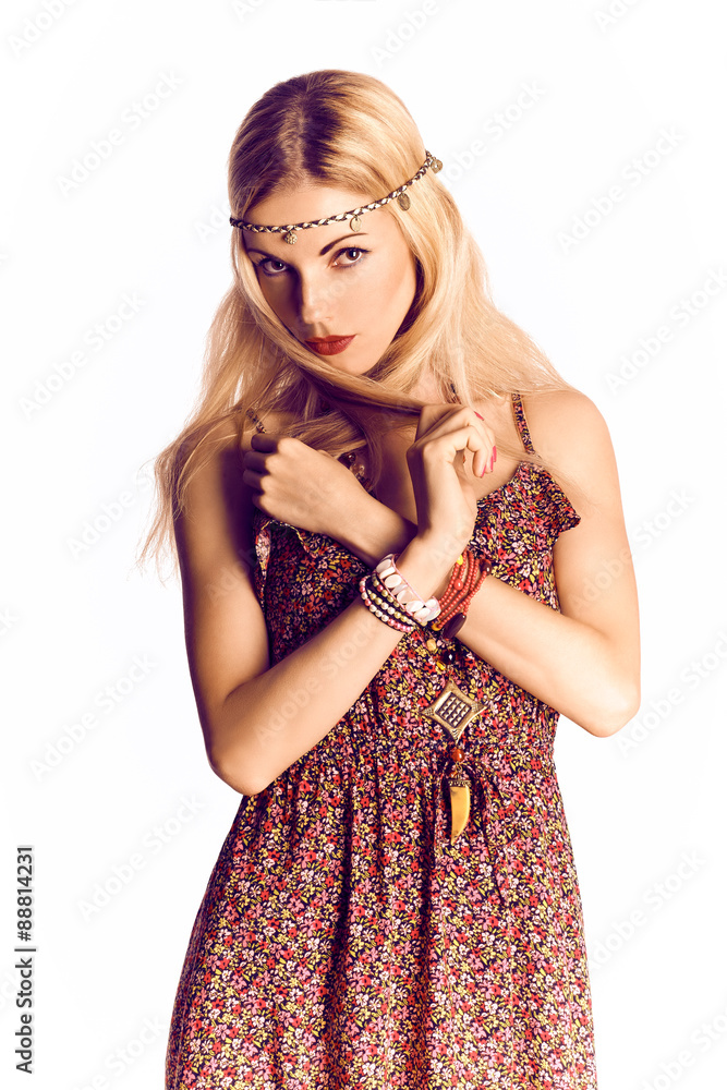 Beauty portrait of boho joyful blonde woman, happy, enjoying Beauty portrait of boho joyful blonde woman, happy, enjoying