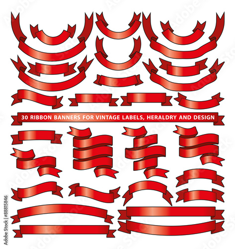 Set of thirty red vector banner ribbons