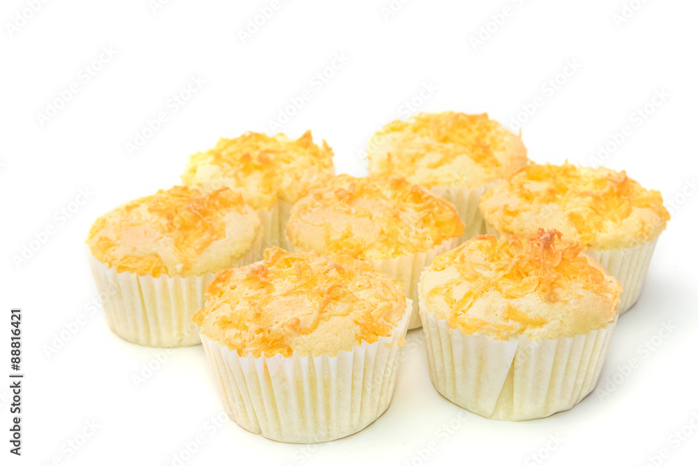 Thailand dessert.Gold egg yolk thread topped on cup cake Thailand dessert.Gold egg yolk thread topped on cup cake