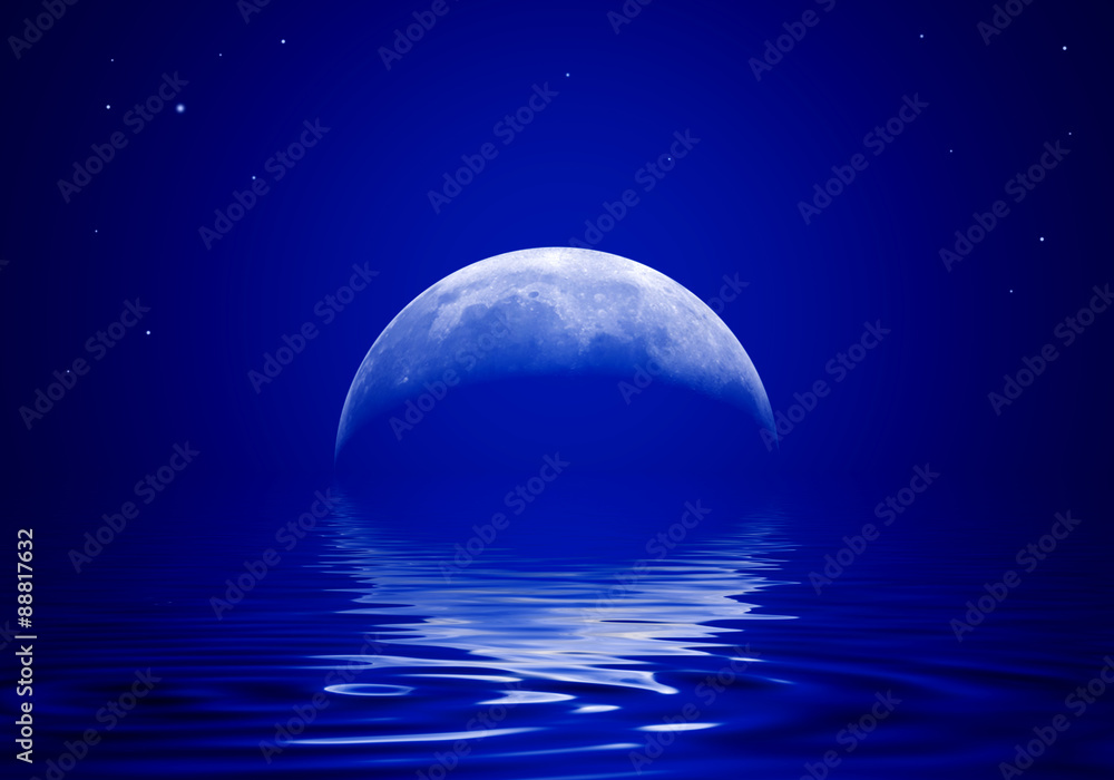 Naklejka premium Moon is reflected in a wavy water