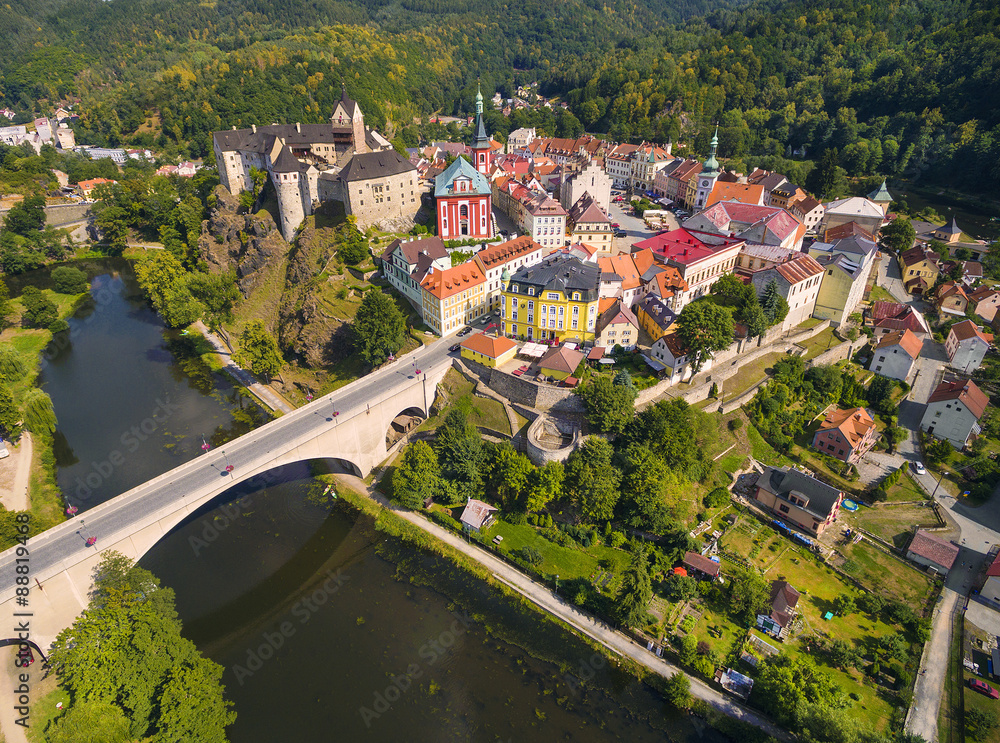 Aerial view of medieval town Loket nad Ohri nearby Karlovy Vary spa in Czech Republic. Central Europe. 