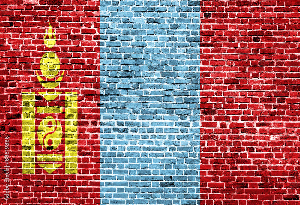 Flag of Mongolia painted on brick wall, background texture Flag of Mongolia painted on brick wall, background texture
