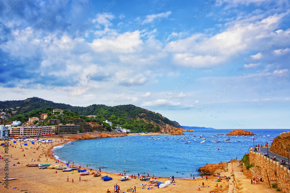 View of Tossa De Mar in Spain, Costa Brava and city bay at stormy weather - obrazy, fototapety, plakaty 