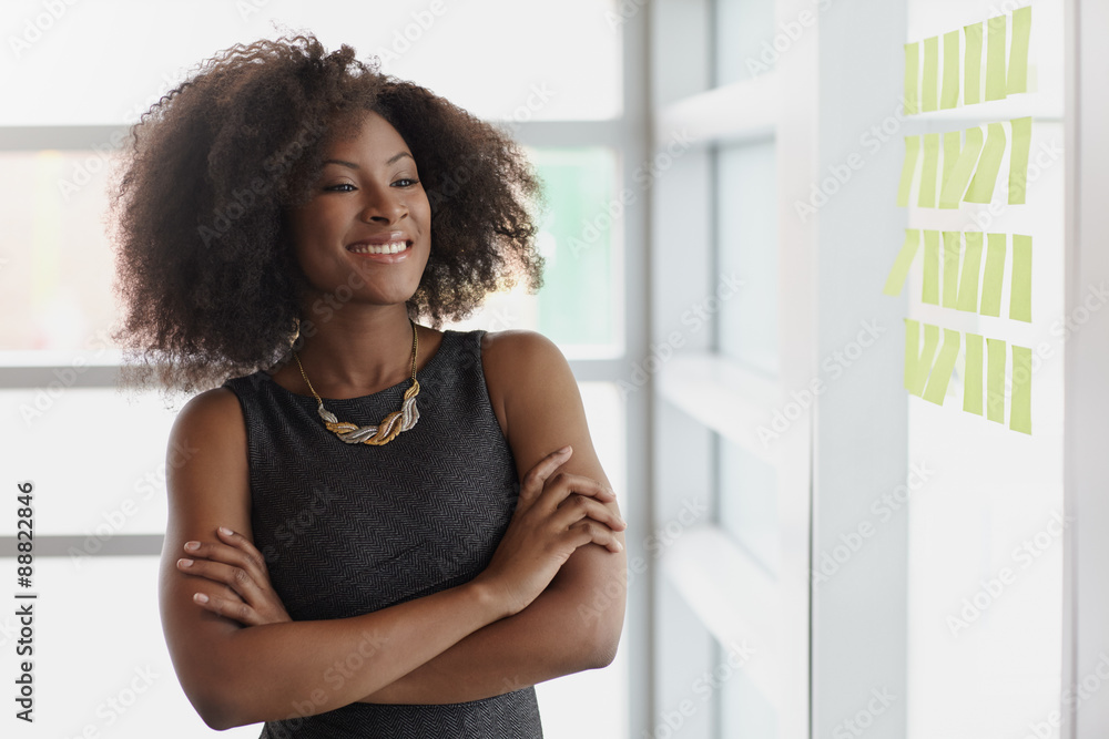 Portrait of a smiling business woman with an afro in bright Portrait of a smiling business woman with an afro in bright