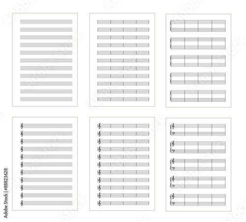 Set of six types music note staves, a4 sheets, isolated on white