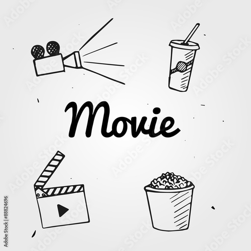 Set of popcorn, camera, coca cola hand drawn, movie, graphic