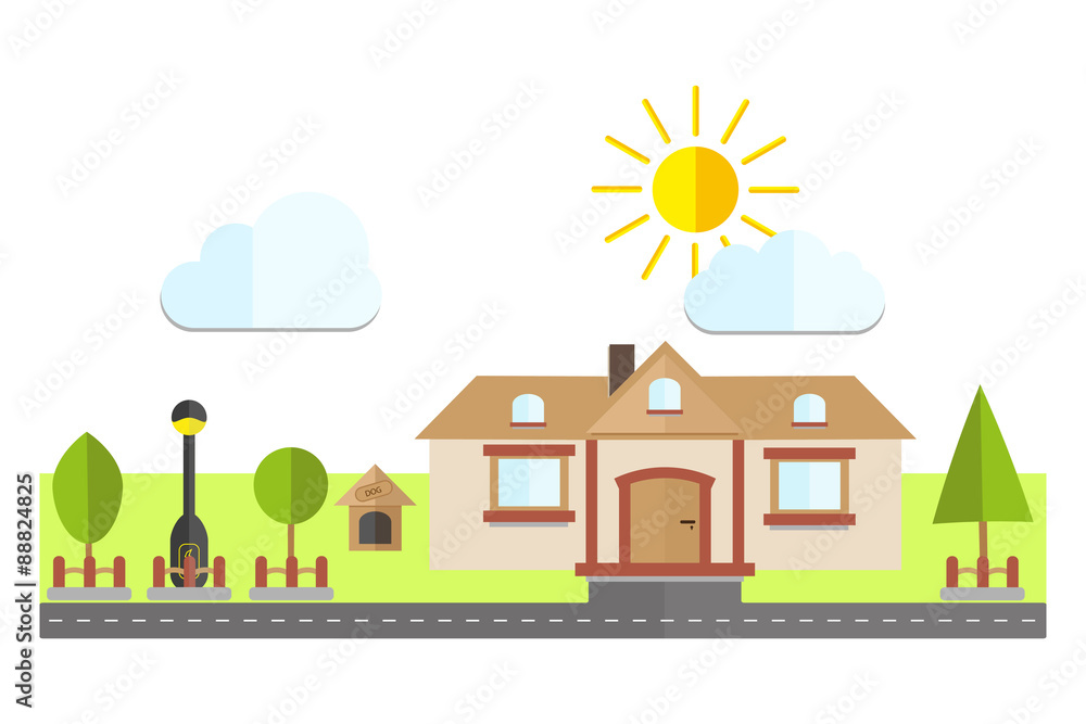 Colorful Flat Residential House with trees country scenery background vector illustration