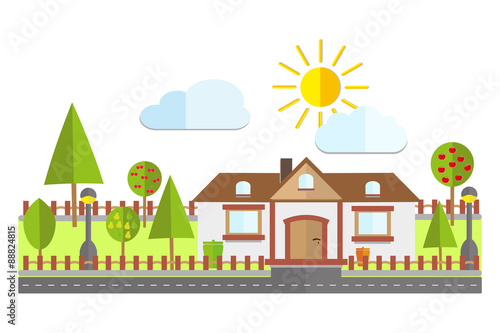 Fototapeta Naklejka Na Ścianę i Meble -  Colorful Flat Residential House with fruit trees country scenery background vector illustration