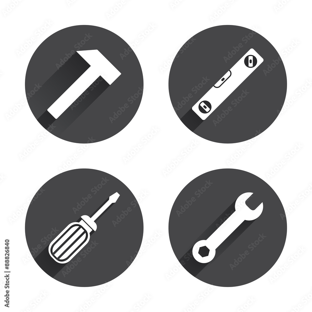 Screwdriver and bubble level, hammer. Screwdriver and bubble level, hammer.