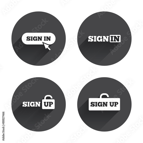 Sign in icons. Login with arrow, hand pointer.