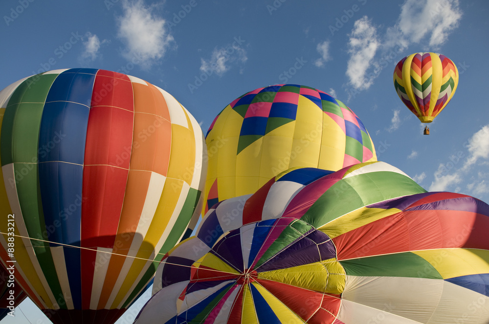 Obraz premium Hot-air balloons inflating with another balloon already aloft
