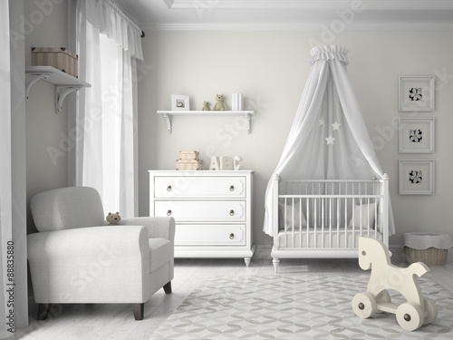 Classic children room in white color 3D rendering