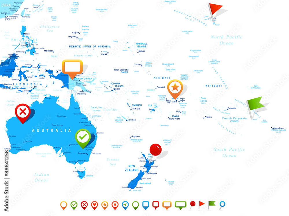 Obraz premium Australia and Oceania - map and navigation icons - illustration. Image contains land contours, country and land names, city names, water object names, navigation icons.