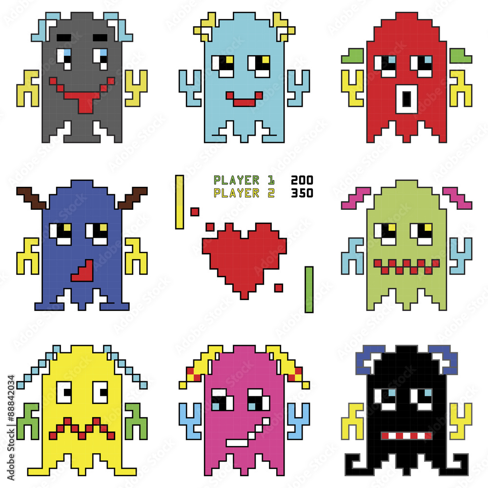 Pixelated robot emoticons 1 shooting spaceship element inspired by 90s computer games showing different emotions Stock Vector Adobe Stock