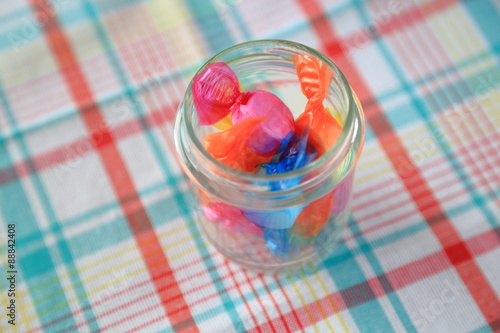 The soda water candy wrapped in multicolored cellophane.