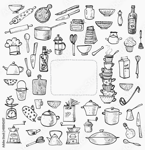 Big set of kitchen utensils hand-drawn on white