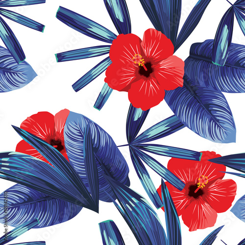 red hibiscus and blue palm leaves trendy pattern