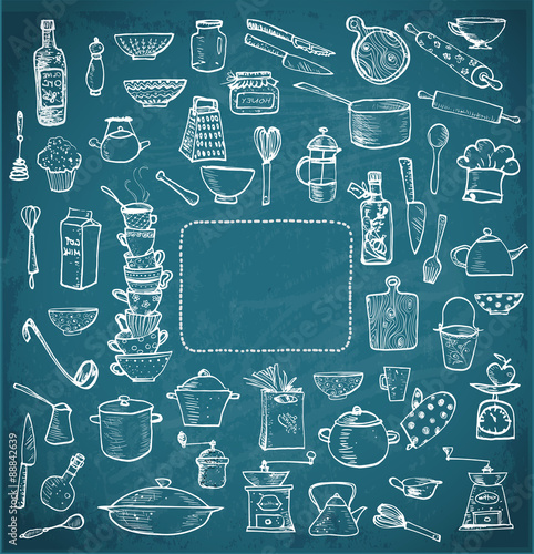 Big set of kitchen utensils hand-drawn on blackboard