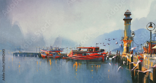fishing boat in harbor at morning,watercolor painting style