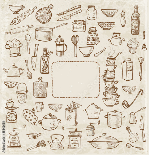 Big set of kitchen utensils hand-drawn on blackboard