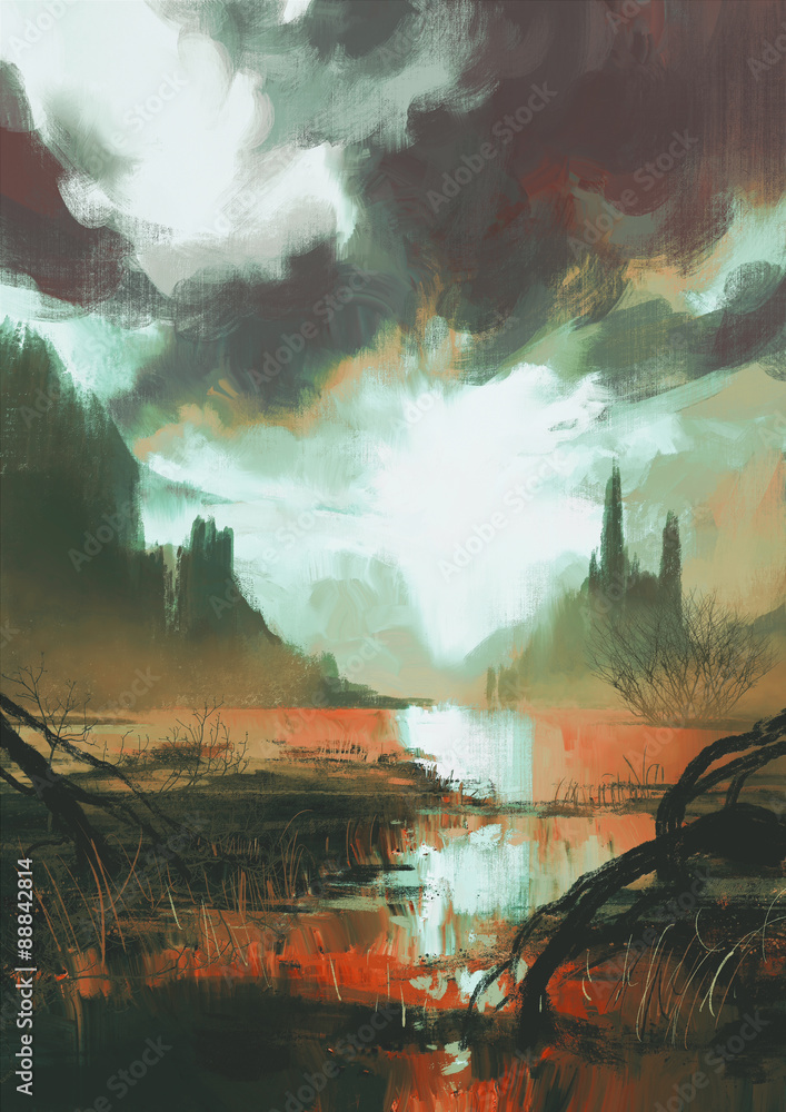 Naklejka premium fantasy landscape of mystic red swamp at sunset