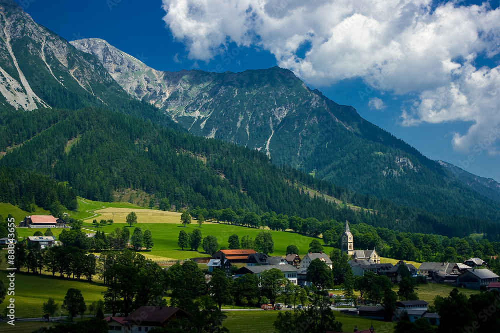 The small town of Ramsau am Dachstein, Alps mountains, Austria.