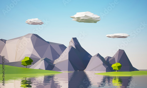 Tapety artystyczne low poly mountain landscape with water