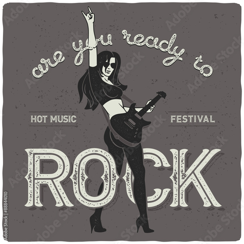Sexy rock girl with guitar. Print for t-shirt.