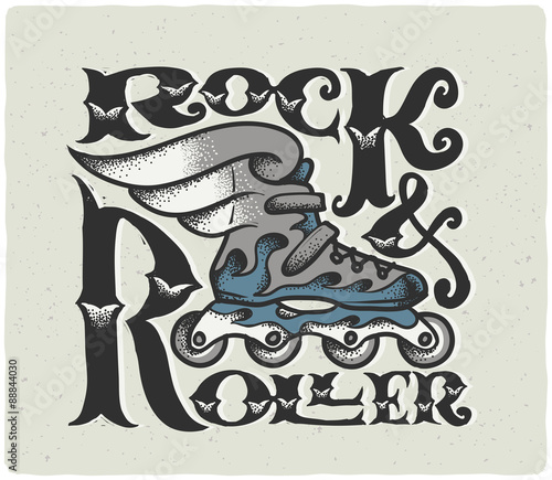 "Rock & Roller" vintage lettering composition. Stylized roller skate with wings illustration. Print for rollers t-shirt.
