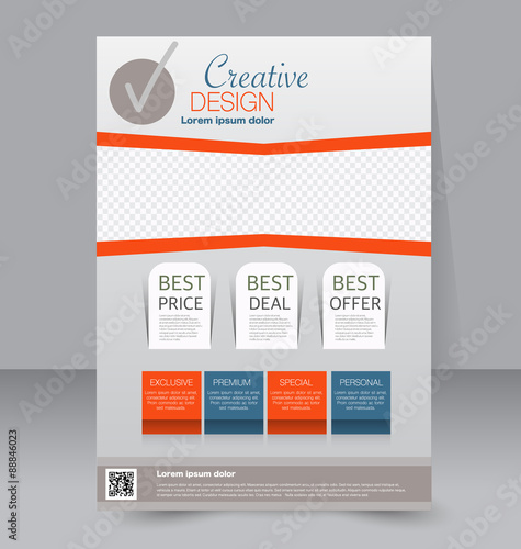 Flyer template. Business brochure. Editable A4 poster for design, education, presentation, website, magazine cover. Blue and orange color.