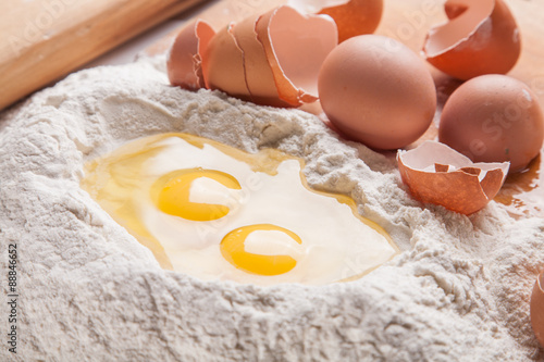 Dough preparation. Baking ingredients: egg and flour.