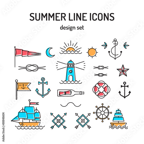Summer line icon set. Nautical design elements in retro tattoo