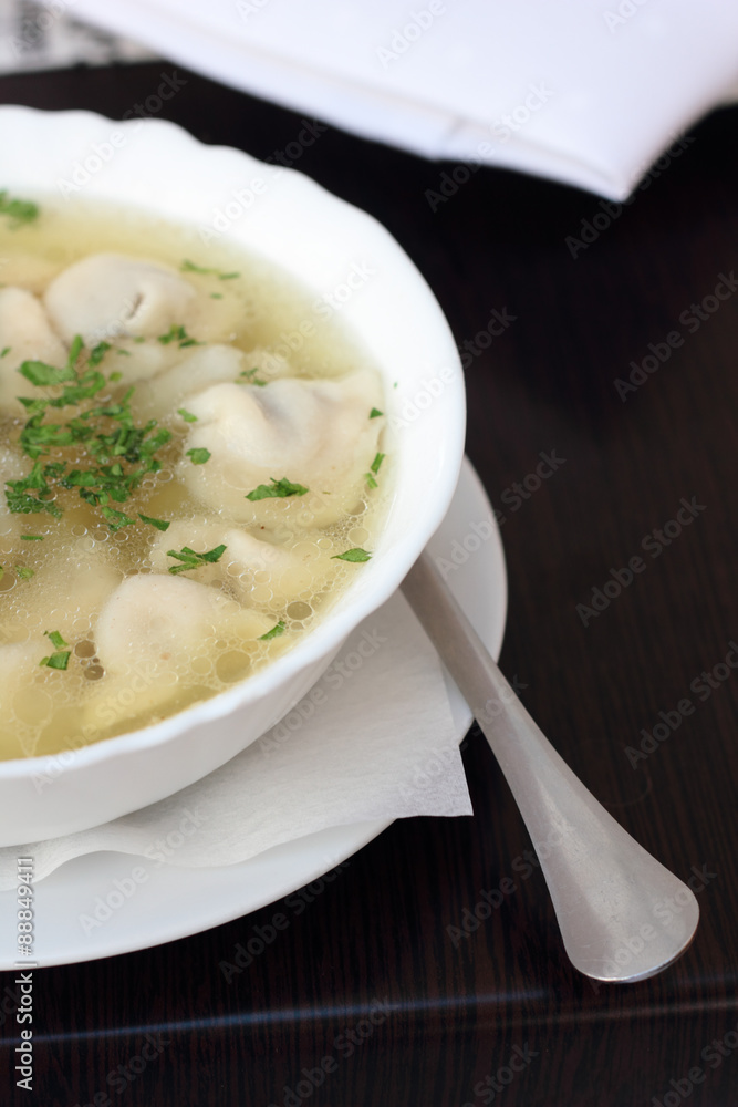 Bowl of broth with small meat dumplings and chives. Bowl of broth with small meat dumplings and chives.