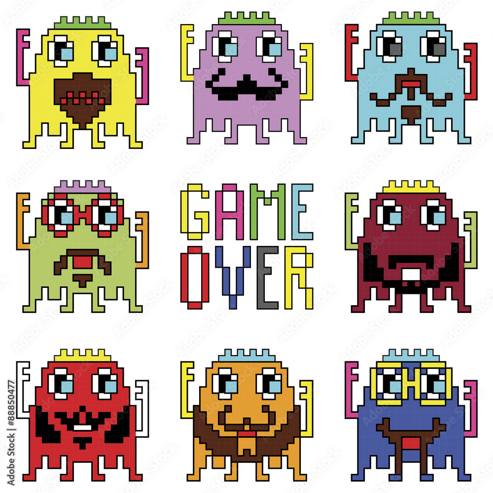 Pixelated hipster robot emoticons with simple WITH GAME OVER SIGN inspired  by 90's computer games showing different emotions Stock Vector | Adobe Stock