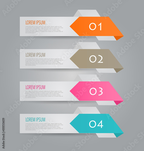 Business infographics template for presentation, education, web design, banners, brochures, flyers. Orange, brown, pink, blue color tabs. Vector illustration.