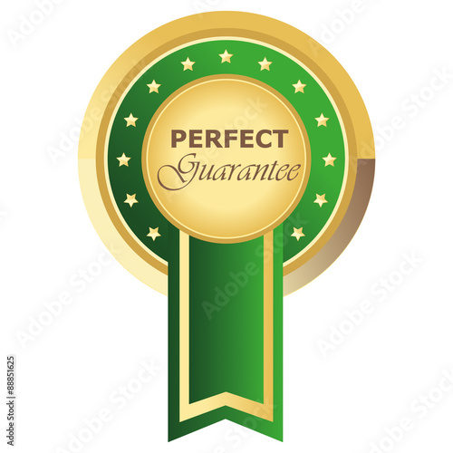 Runder Perfect Guarantee Button in grün auf weißem Hintergrund