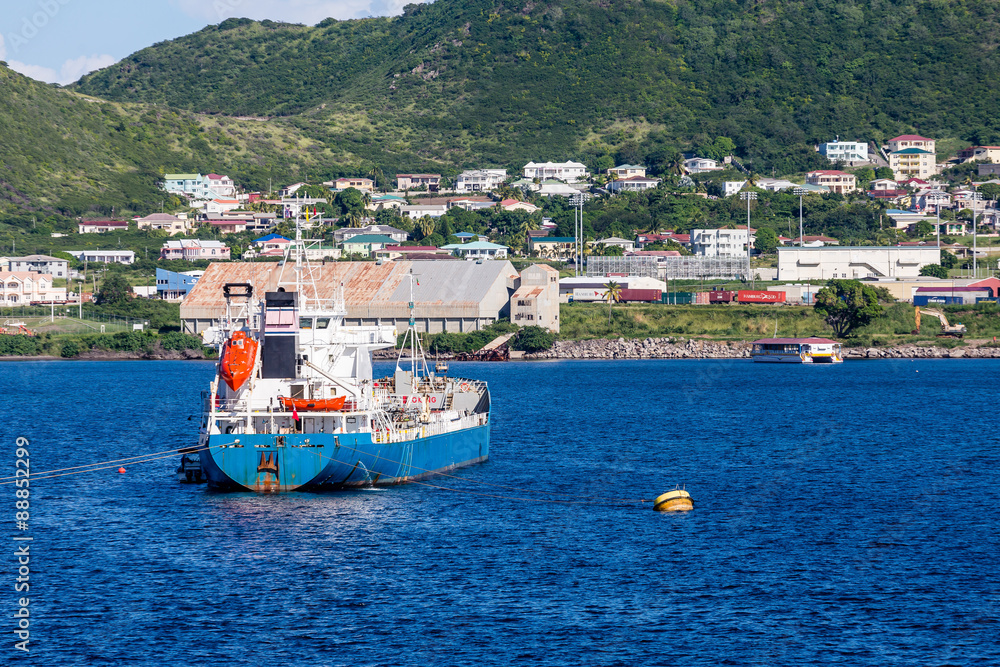 Large Blue and White Tanker in Blue Water Large Blue and White Tanker in Blue Water