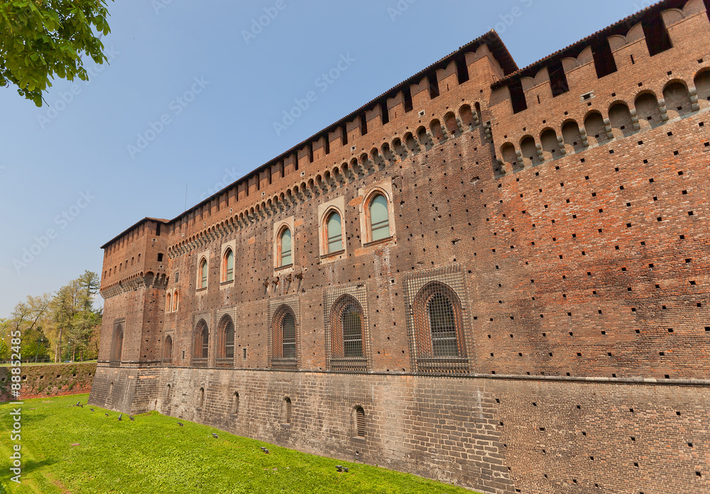 Corner Tower of Sforza Castle (XV c.) in Milan, Italy