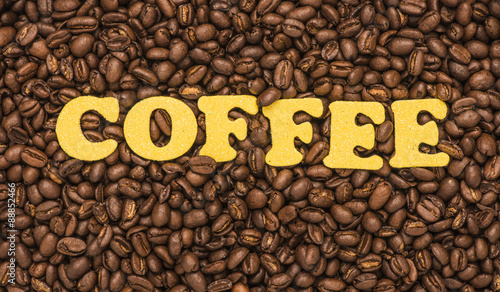 The word coffee and roasted coffeebeans
