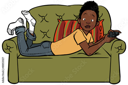 Funny vector cartoon  teen playing with game consol