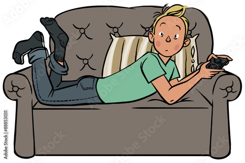Funny vector cartoon  teen playing with game consol