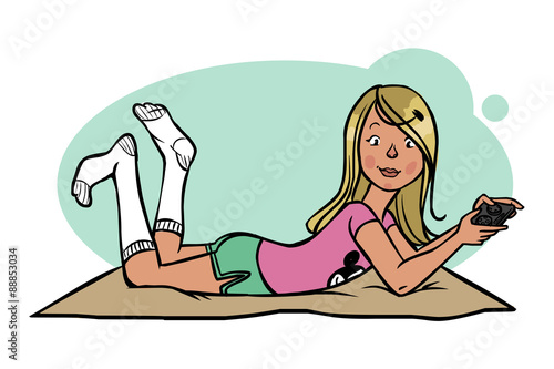 Funny vector cartoon  teen playing with game consol