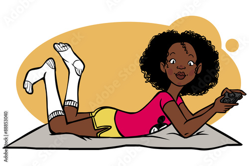 Funny vector cartoon  teen playing with game consol